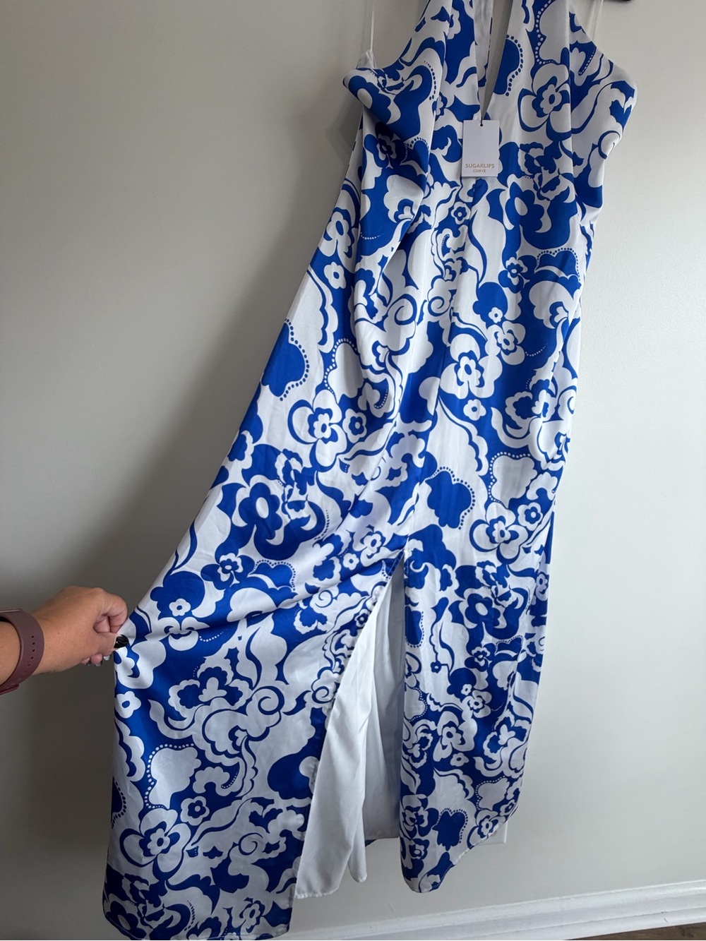 NWT Sugarlips Curve 3X Blue White Floral Halter Maxi Dress Satin Like - Picture 8 of 11